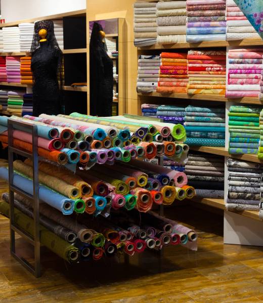 Interior of tissue shop with fabrics